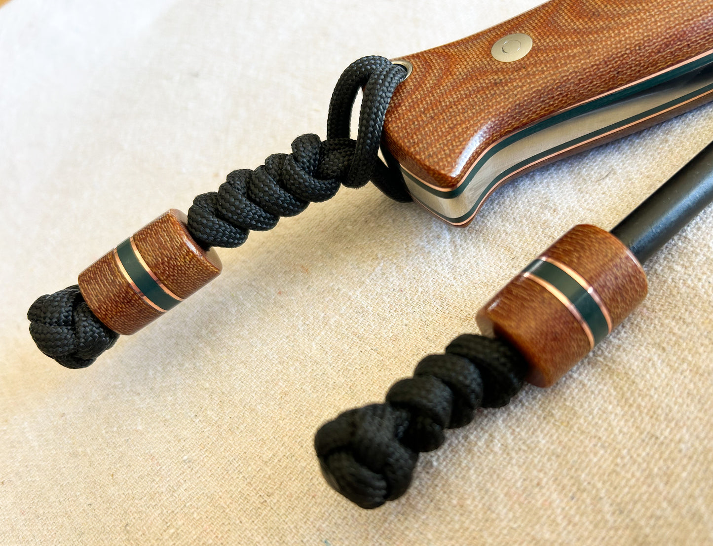 Endure bushcrafter with natural canvas micarta with copper and forest green G10 liners with stainless loveless bolts