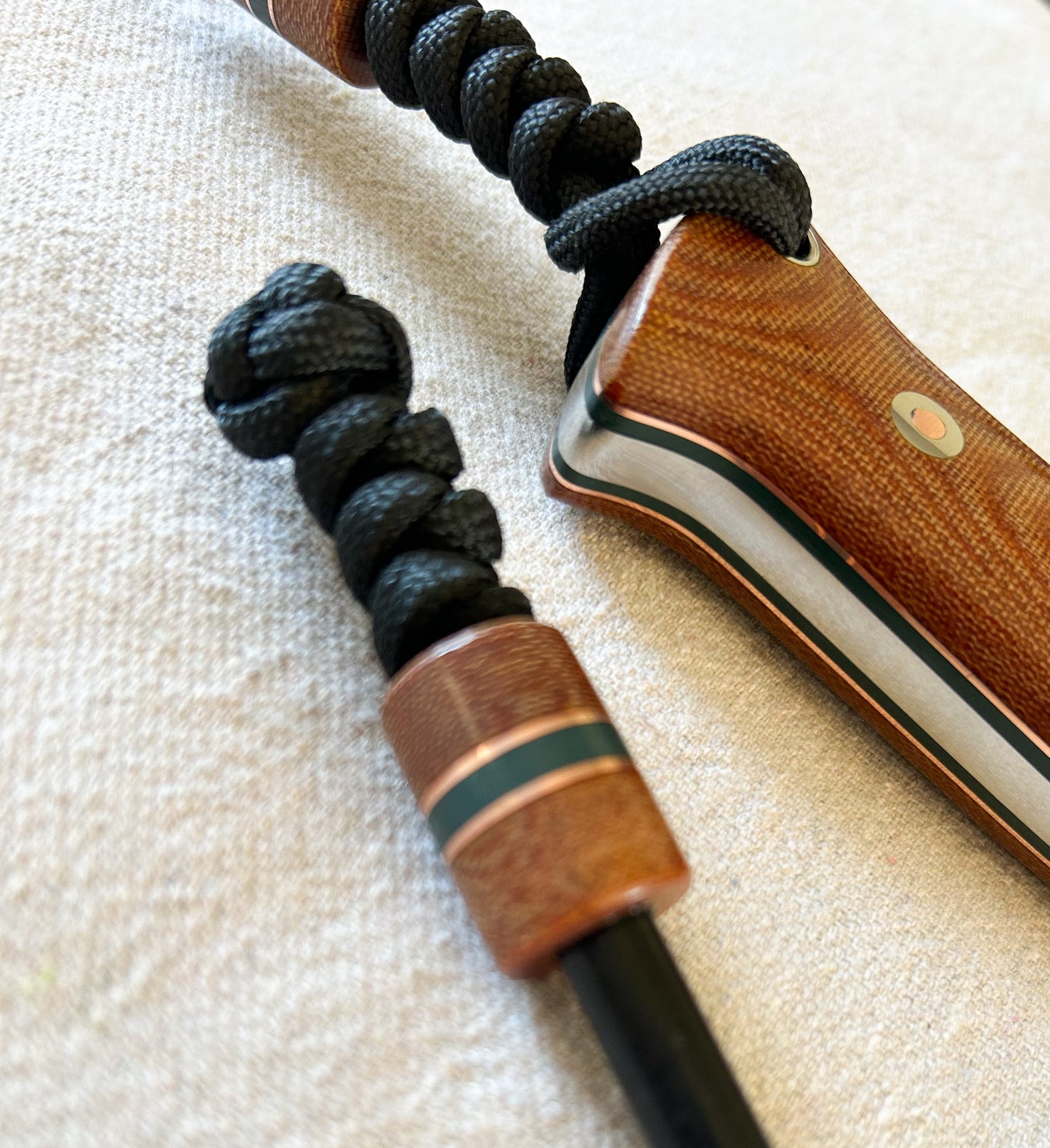 Endure bushcrafter with natural canvas micarta with copper and forest green G10 liners and copper loveless bolts