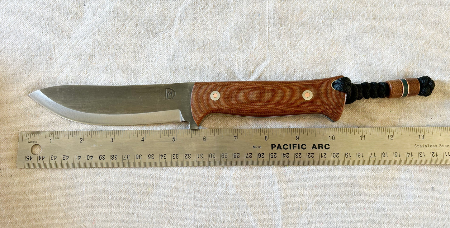 Endure bushcrafter with natural canvas micarta with copper and forest green G10 liners and copper loveless bolts