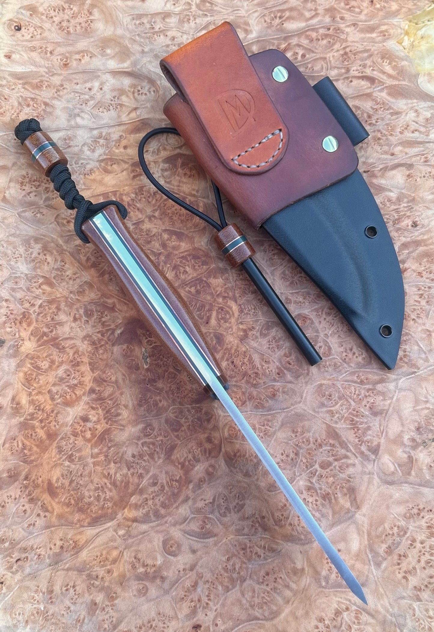 Endure Bushcrafter (natural canvas micarta with copper and forest green G10 liners, copper Loveless bolts)