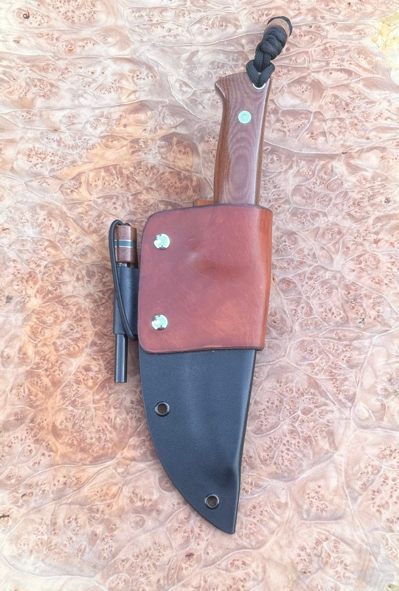 Endure Bushcrafter (natural canvas micarta with copper and forest green G10 liners, stainless loveless bolts)