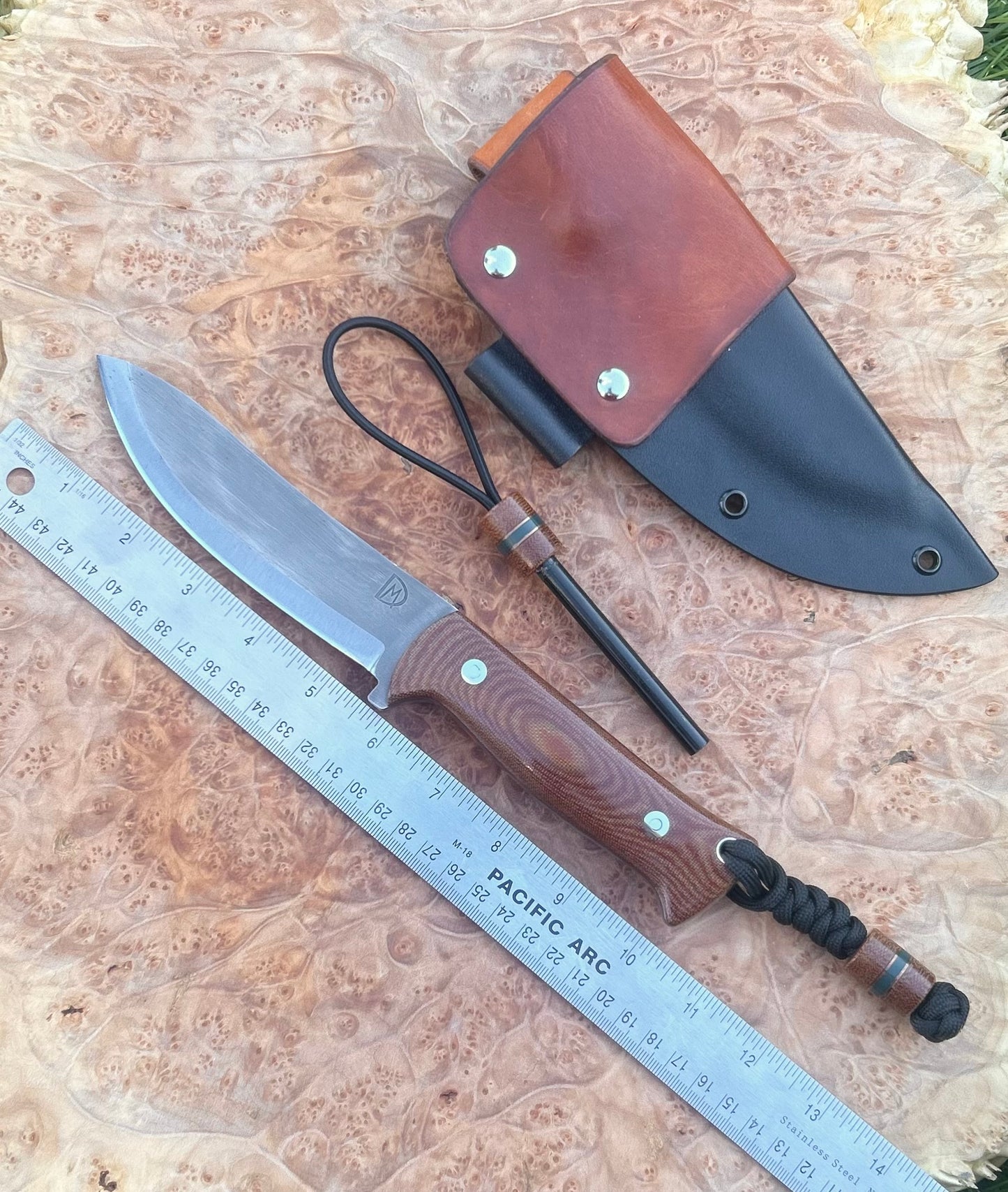 Endure Bushcrafter (natural canvas micarta with copper and forest green G10 liners, stainless loveless bolts)